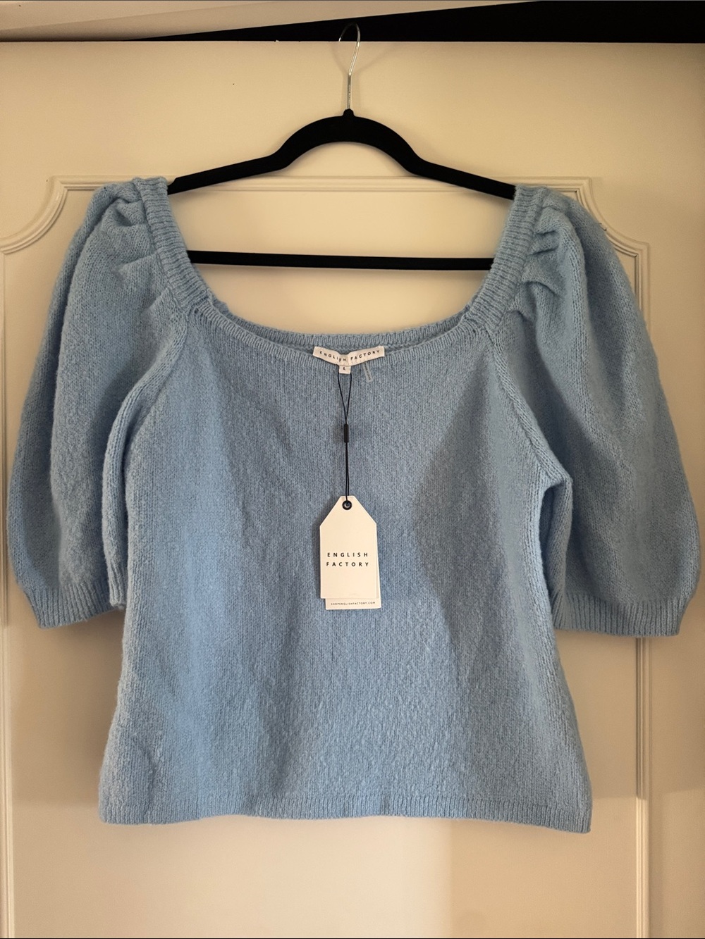 English Factory Sky Blue Off-Shoulder Puff Sleeve Sweater